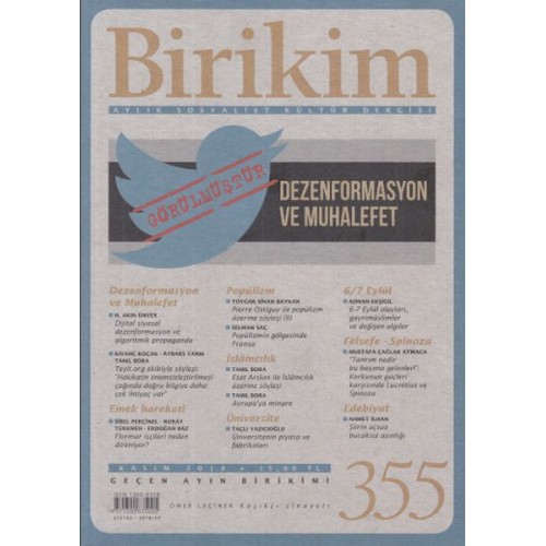 Birikim Aylık Sosyalist Kültür Dergisi Sayı: 355 Kasım 2018